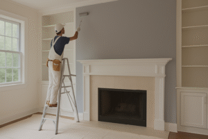 Interior house painter applying fresh paint in a Philadelphia home living room.