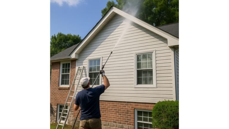 Pressure washing a suburban home in Bucks County, PA.