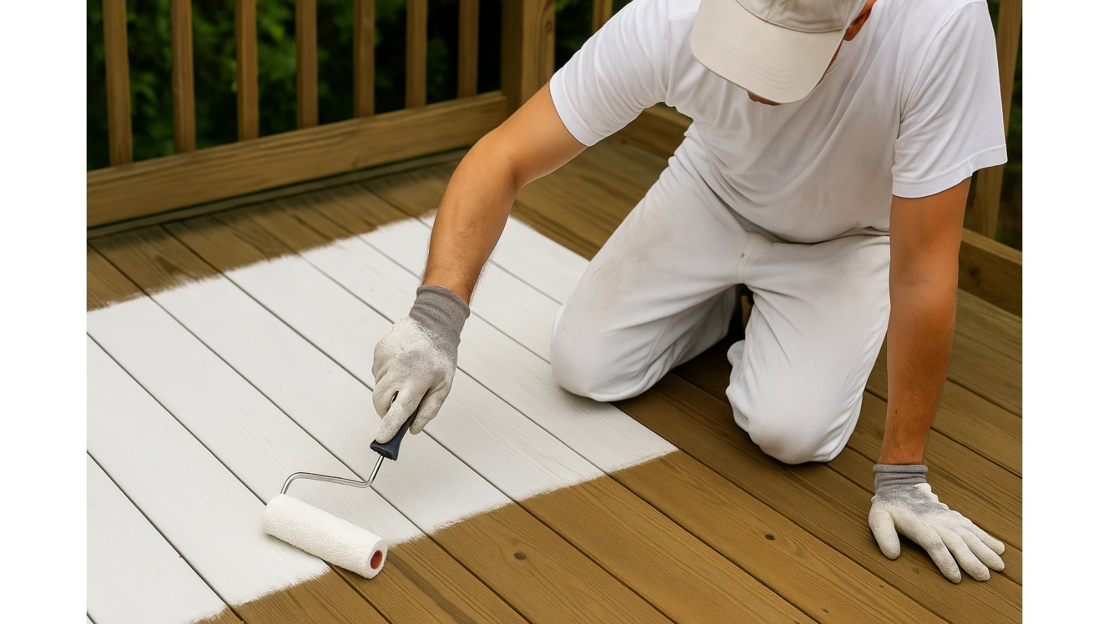 Professional painter applying fresh paint to a wooden deck using a roller.