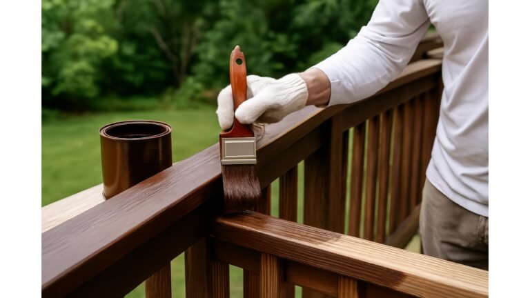 Professional deck painting in Philadelphia – worker applying fresh paint to a wooden deck.