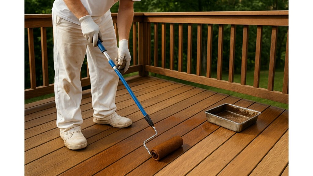 Painter staining a wooden deck with a roller.