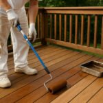 Painter staining a wooden deck with a roller.