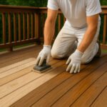 Worker sanding a wooden deck before painting or staining.