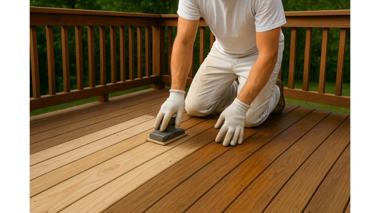 Worker sanding a wooden deck before painting or staining.