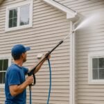 Professional pressure washing a house exterior in Philadelphia.