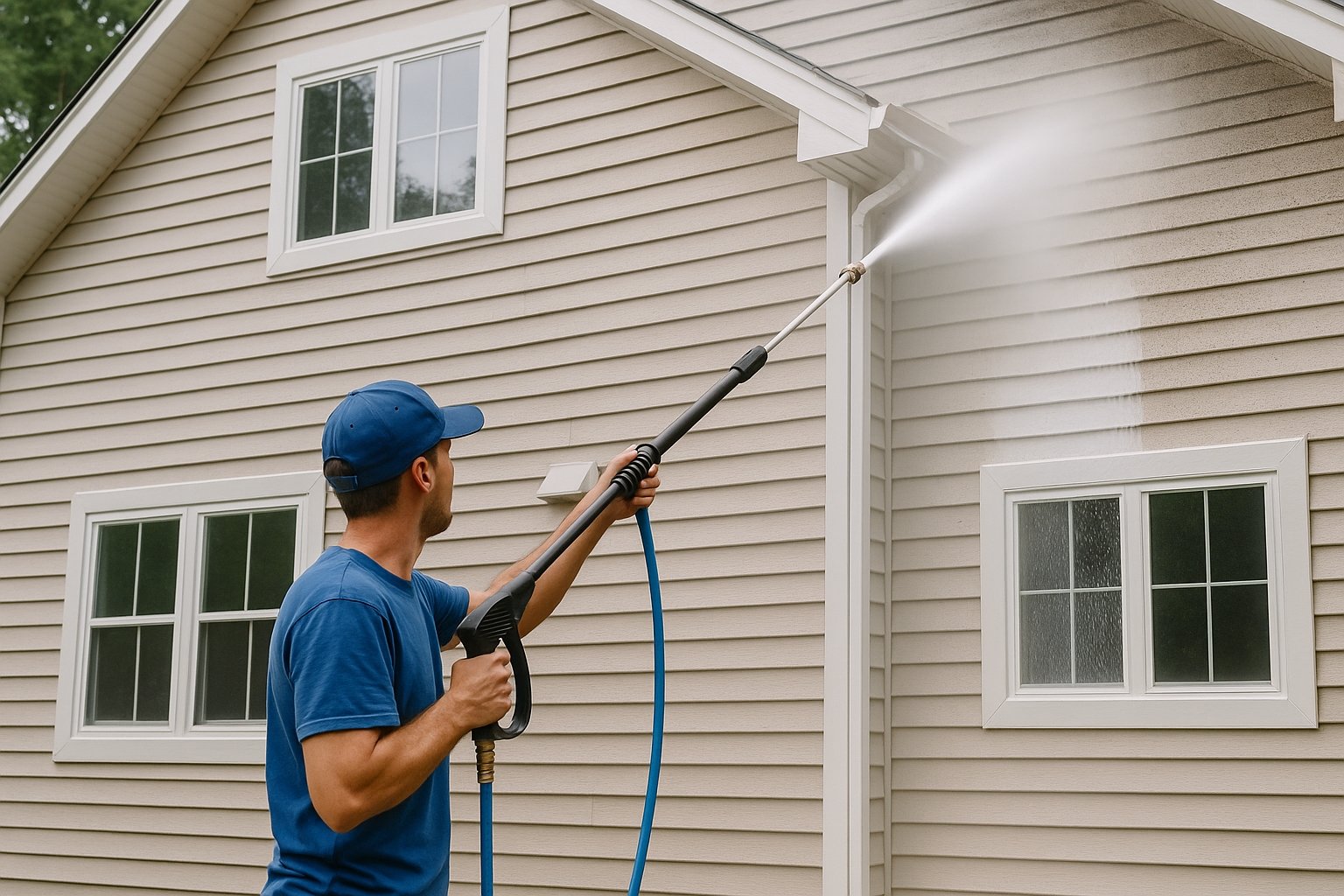 Professional pressure washing a house exterior in Philadelphia.