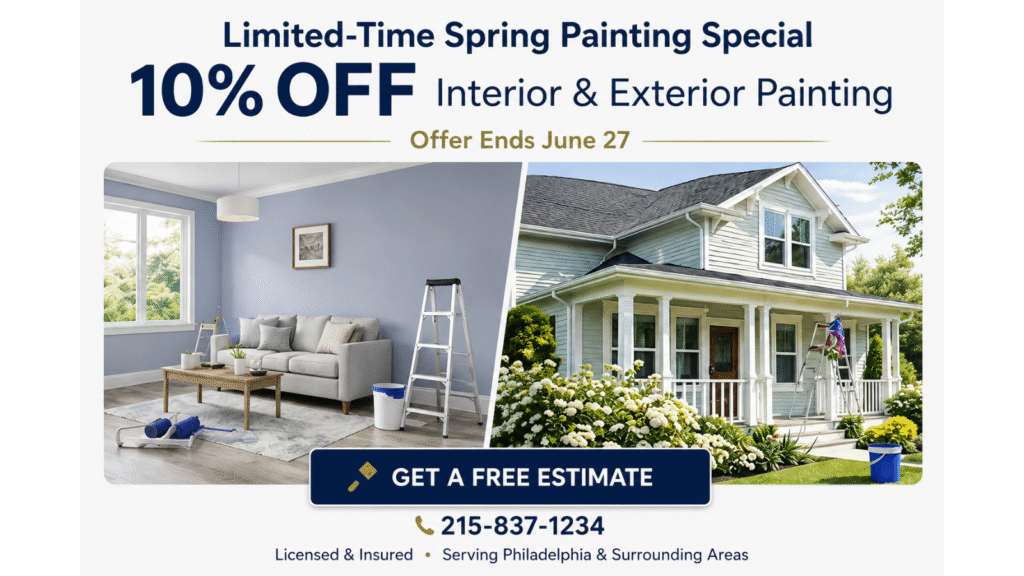 Spring interior and exterior house painting special in Philadelphia offering 15% off professional painting services